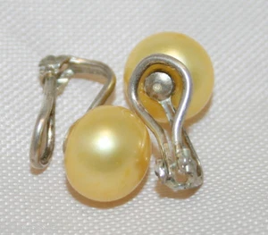 AAA 11mm Yellow Cultured Pearl Solid Sterling Silver OMEGA Clip On Stud Earrings - Picture 1 of 4