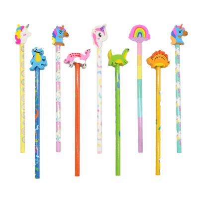 DITZY DOLL LTD Eraser Top Pencils 6 Pack - Girls Boys Cute Unicorn Dinosaurs Erasers School Fun