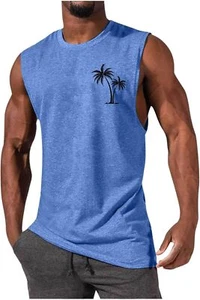 Mens Summer Tank Top Hawaiian Palm Tree Print Sleeveless Muscle Fit Beach Tee - Picture 1 of 35