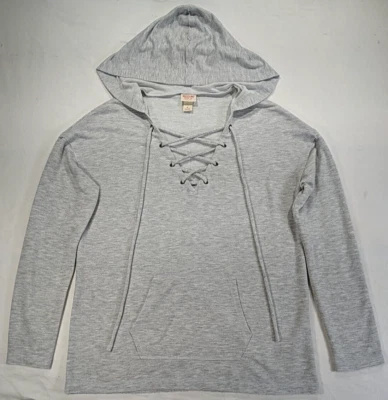 MOSSIMO  Women's/Jr's Hooded Sweatshirt sz M Gray Lace-Up V-Neck L/S Lightweight - Image 1 of 4