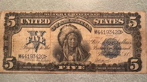 Banconota Indiana "Capo" Certificato Argento 1899 $5 FR-277 - Firme Parker/Burke - Foto 1 di 2