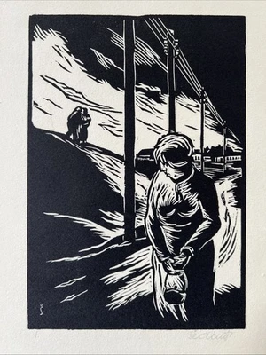 Jaro Sedivy, checo 1931 Art Deco Singed Linocut: Desire (Touha) Expresionist Foto 1 de 4