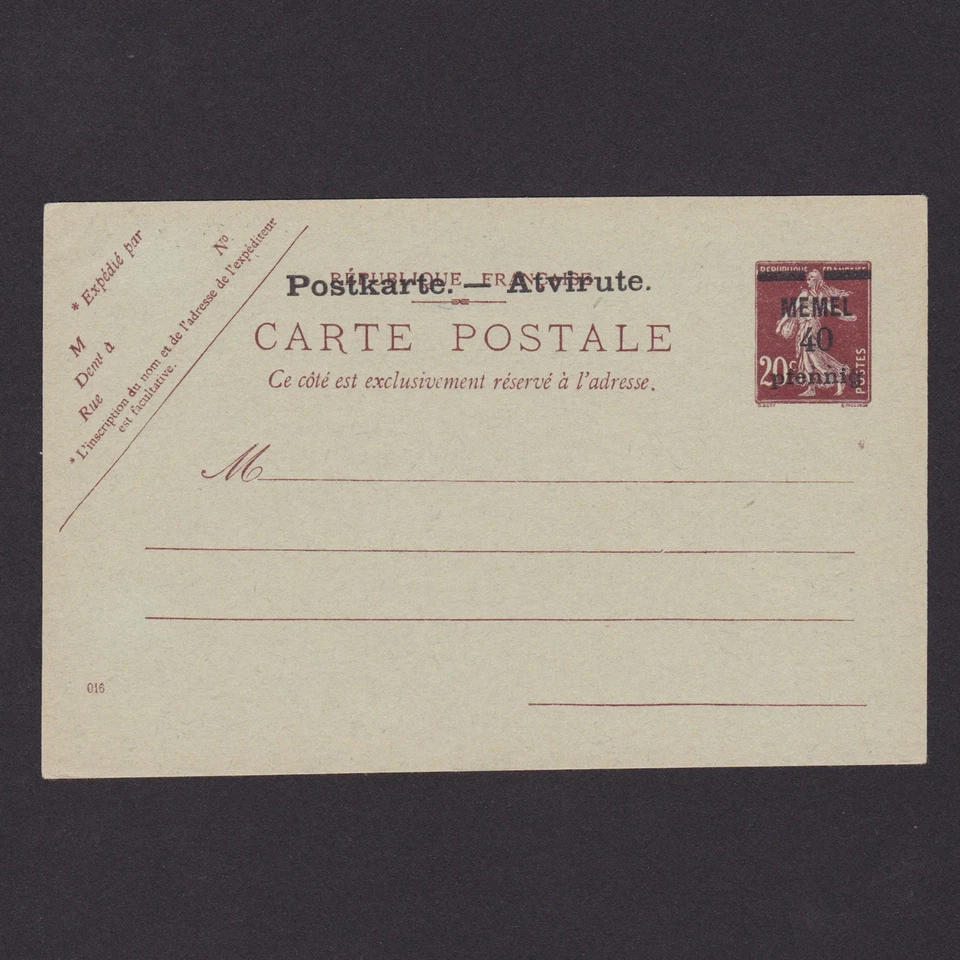 MEMEL ALEMANIA, postal preestampada, sin usar Foto 1 de 2