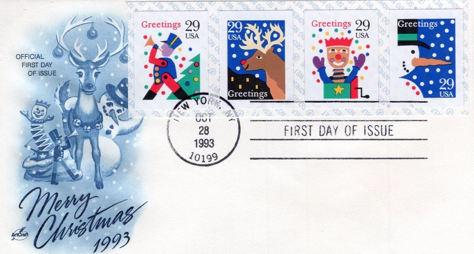 1993 #2799-2802 CHRISTMAS STRIP OF 4 ON FDC W/ ART CRAFT CACHET UA GEM! - Image 1 of 1