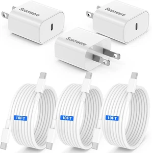 20W USB C Charger 3-Pack with 10Ft Cable for iPhone, iPad, AirPods and More - Picture 1 of 20