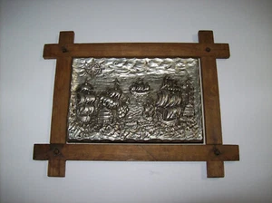 Quadro vintage metà secolo incorniciato SCENA DI BATTAGLIA con vecchie navi, MCM nautica - Foto 1 di 12