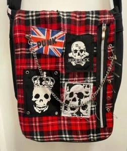 Unique Vintage Plaid Punk Emo Gothic Messenger Skull Bag w/ Chain & Safety Pins - Picture 1 of 9