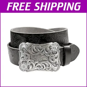 Adjustable 1-1/2" Floral Engraved Buckle Leather Belt - Perfect for Casual Wear - Imagen 1 de 10