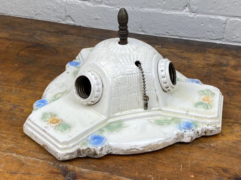 C.1930 Porcelier Flush Mount 3 Socket Light Fixture, Original Colors, No Chips Cover