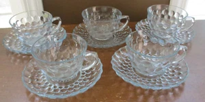5 - Vintage Anchor Hocking Blau Blase Vertiefung Glas Tasse & Untertasse Sets - Bild 1 von 3