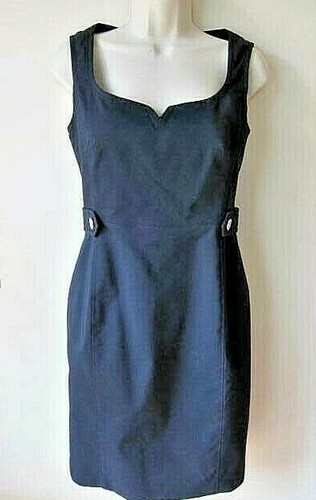 Abito tubino senza maniche elasticizzato Tory Burch blu navy con bottoni oro taglia 2 spacco posteriore