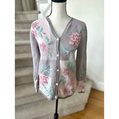 Vintage Coldwater Creek Cottage Grey Pink Mint Rose Patchwork Cardigan - Image 1 of 4