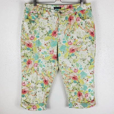 Pantalones Cortos Bandolino Mandie Capri Verde Floral Algodón Elástico Puño Rollo 16 Foto 1 de 4