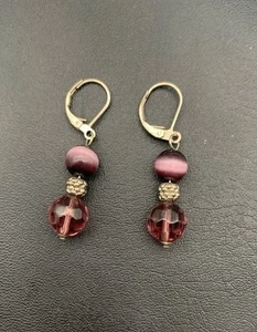 Purple Tigers Eye Beaded Dangle Pierced Earrings - Picture 1 of 4