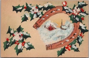 c1910s HAND-DRAWN Homemade Christmas Postcard Horseshoe / Holly / Church Scene - Imagen 1 de 2