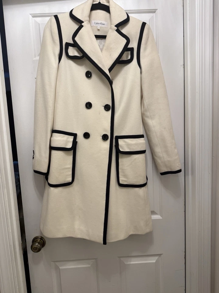 ¡Nuevo! Abrigo de invierno para mujer Calvin Klein talla 2 negro blanco tweet mezcla de lana Foto 1 de 3