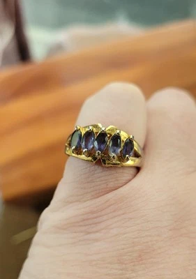 Anillo Tanzanita Corte Marquesa 5 Piedras Oro Amarillo Vermeil Plata de Ley 925 Talla 8 Foto 1 de 4