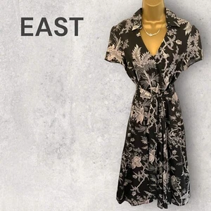 Vestido East Para Mujer Gris Floral Lino Cinturón Manga Gorra Ajuste y Acampanado Reino Unido 12 - Imagen 1 de 5