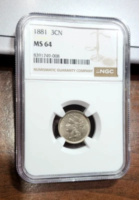 1881 3 Cent Nickel - VP-002 - Retained Cud - MS64 - NGC - Amazing - Image 1 of 4