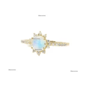 Rainbow Moonstone & Natural Diamond Sun Design Halo Ring 14k Yellow Gold Jewelry - Picture 1 of 4