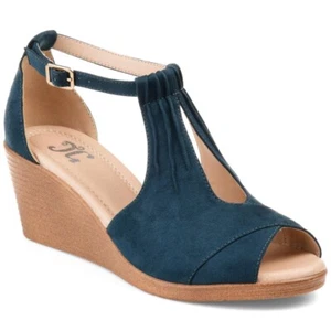 New In Box Journee Womens Kedzie Faux Suede Ankle Strap Wedges Shoes, 8M Navy - Picture 1 of 3