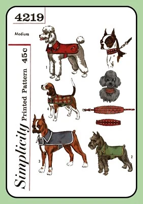 Dog COAT Pattern w COLLAR Size Medium 16-18-20 4 Styles Simplicity 4219 Vtg 1962 - Image 1 of 4