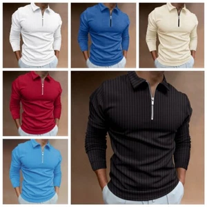 Polo Shirt Men Zipper Collar Quarter Zip Dress Long Sleeve Golf Blue Black White - Picture 1 of 8