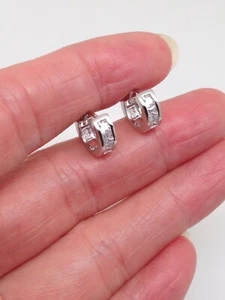 925 Sterling Silver SMALL Princess Cz Huggie Hoop Earrings 9.5mm x3.5mm Unisex - Picture 1 of 39