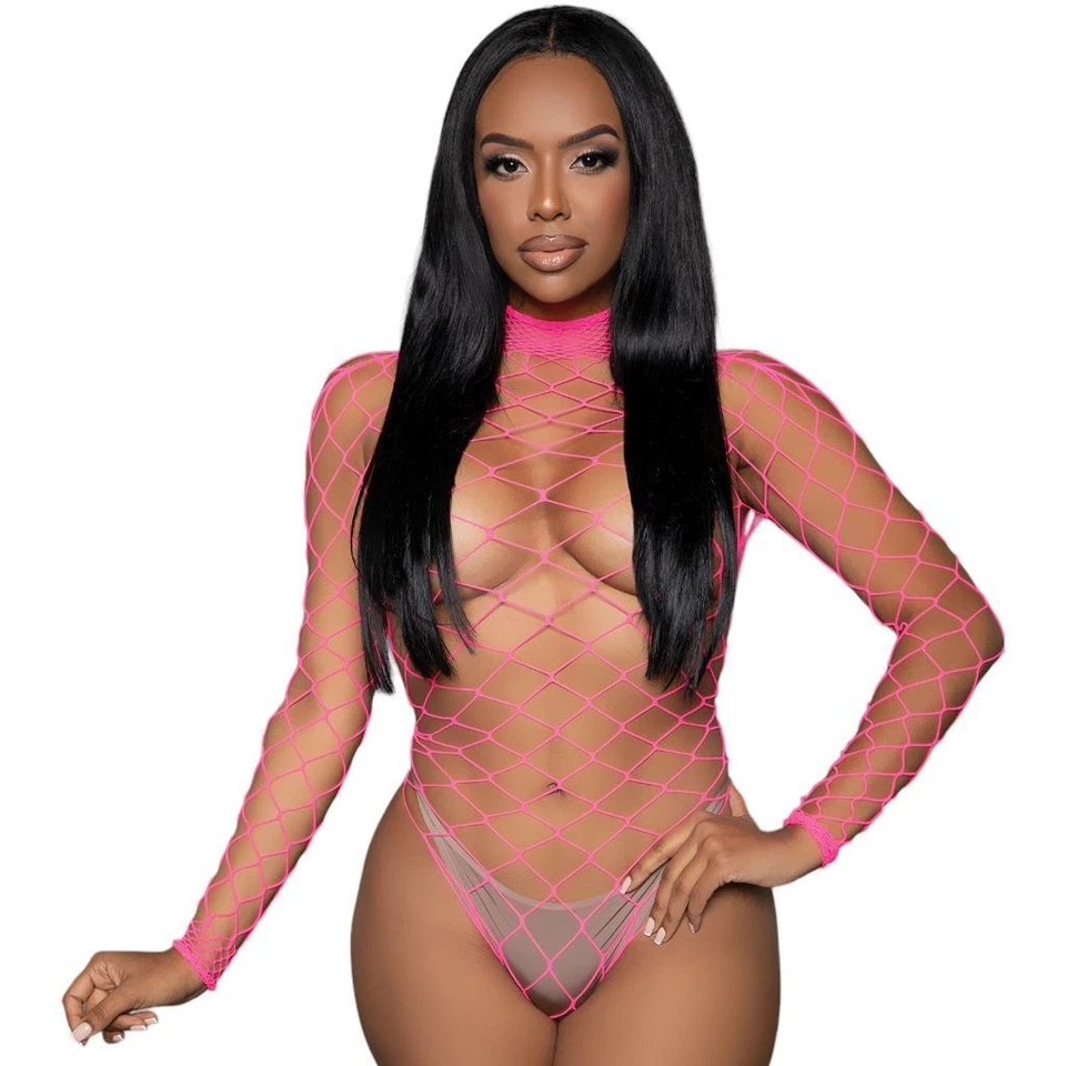 Wide Fishnet Long Sleeve Bodysuit Hot Pink O/s