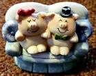 Bisque Porcelain Pigs On Couch Signed Lynn 1988 Vintage Taiwan