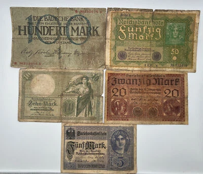 Lot Of 5 German Deutschmarks Mixed Denominations & Years 1906, 1917, 1918, 1919 - Image 1 of 2