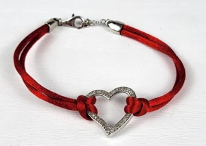 925 Sterling Silver Lab Diamond Heart Charm Cord Bracelet Red 8 In Lobster Clasp - Picture 1 of 9