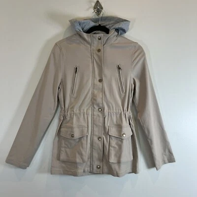 Eden общество желтовато-коричневый куртка новый без ЯРЛЫКОВ Cinch талии, эластичной, серый капюшон, молнии Snap спереди XS - Изображение 1 из 4