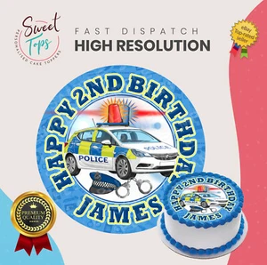 POLICE CAR PERSONALISED ROUND EDIBLE BIRTHDAY CAKE TOPPER DECORATION - Picture 1 of 4