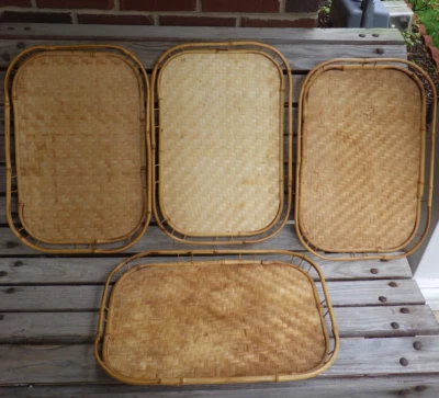 Vintage Wicker Rattan Bamboo Serving Tray Tiki Lap Board Boho 19” X 13” Set of 4 - Image 1 of 4
