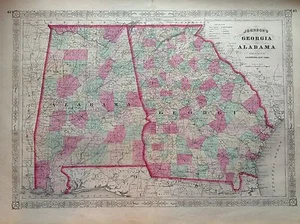 JOHNSON'S GEORGIA ALABAMA incisione originale 1864 cartina STATI UNITI MAP - Picture 1 of 1
