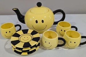Flowers Inc Happy Smile Smiley Face Ceramic Tea Set Teapot Cups Saucers - Picture 1 of 9