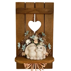 Vtg Heart Cutout Wood w/ Ceramic Rabbits Wall Hanging Decorative Shelf 80s 90s - Picture 1 of 9