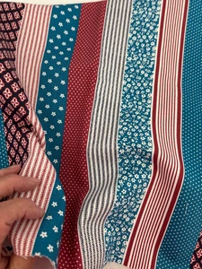 1Yd 59WX32L Vtg PETER PAN Fabric Cotton Denim FLOWER DECOR Red Blue Black STRIPE - Picture 1 of 9