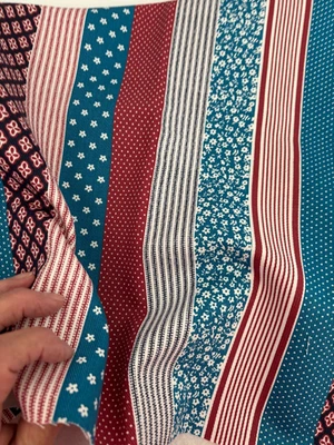 1Yd 59WX32L Vtg PETER PAN Fabric Cotton Denim FLOWER DECOR Red Blue Black STRIPE - Image 1 of 4