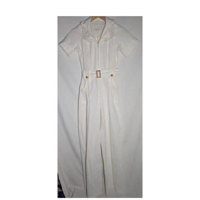 Mono de mujer vintage mezcla de lino talla 2/4 cremallera completa frontal ajustado pierna acampanada años 70 Foto 1 de 4