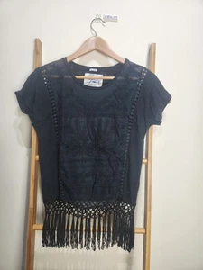 Superdry Black Short Sleeve Lace Detail Fringe Detail Top Size S - Picture 1 of 10
