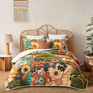 Boho Floral Quilt Sets Full/Queen Size Reversible Mid Century Quilt Bedding S... - Picture 1 of 8