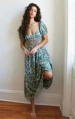 FREE PEOPLE BoHo Gauze Ellie Print Smocked midi maxi DRESS S - Image 1 of 4