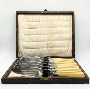 Antik Art Deco England 12 teiliges Fischbesteck VERSILBERT um 1930 mit Box - Bild 1 von 21