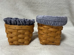 LONGABERGER 2000 PENCIL ROUND BASKET & OREGANO BOOKING BASKET BOTH W/ BLUE LINER - Picture 1 of 12