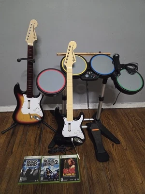 Xbox 360 Rock Band Complete Drum Set Bundle, Guitars, 3 Games, Tested & Working - Image 1 of 4