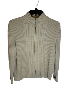 Lands End Cable Knit Full Zip Sweater Women's 100% Cotton Large 14-16 Beige - Picture 1 of 7