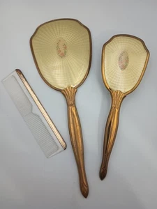 Vintage Waschtisch Set Handspiegel, Haarbürste und Kamm goldfarbener Besatz und Griff USA - Bild 1 von 10