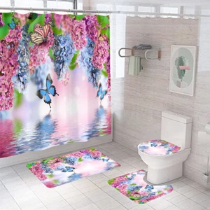 Floral Shower Curtain Bathroom Set Thick Bath Mat Non-Slip Toilet Lid Cover Rug  - Picture 1 of 11